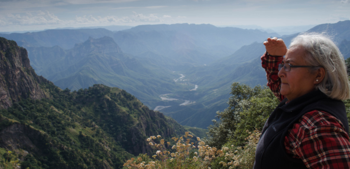 Lady looking down into beautiful green valley with a winding river in the center